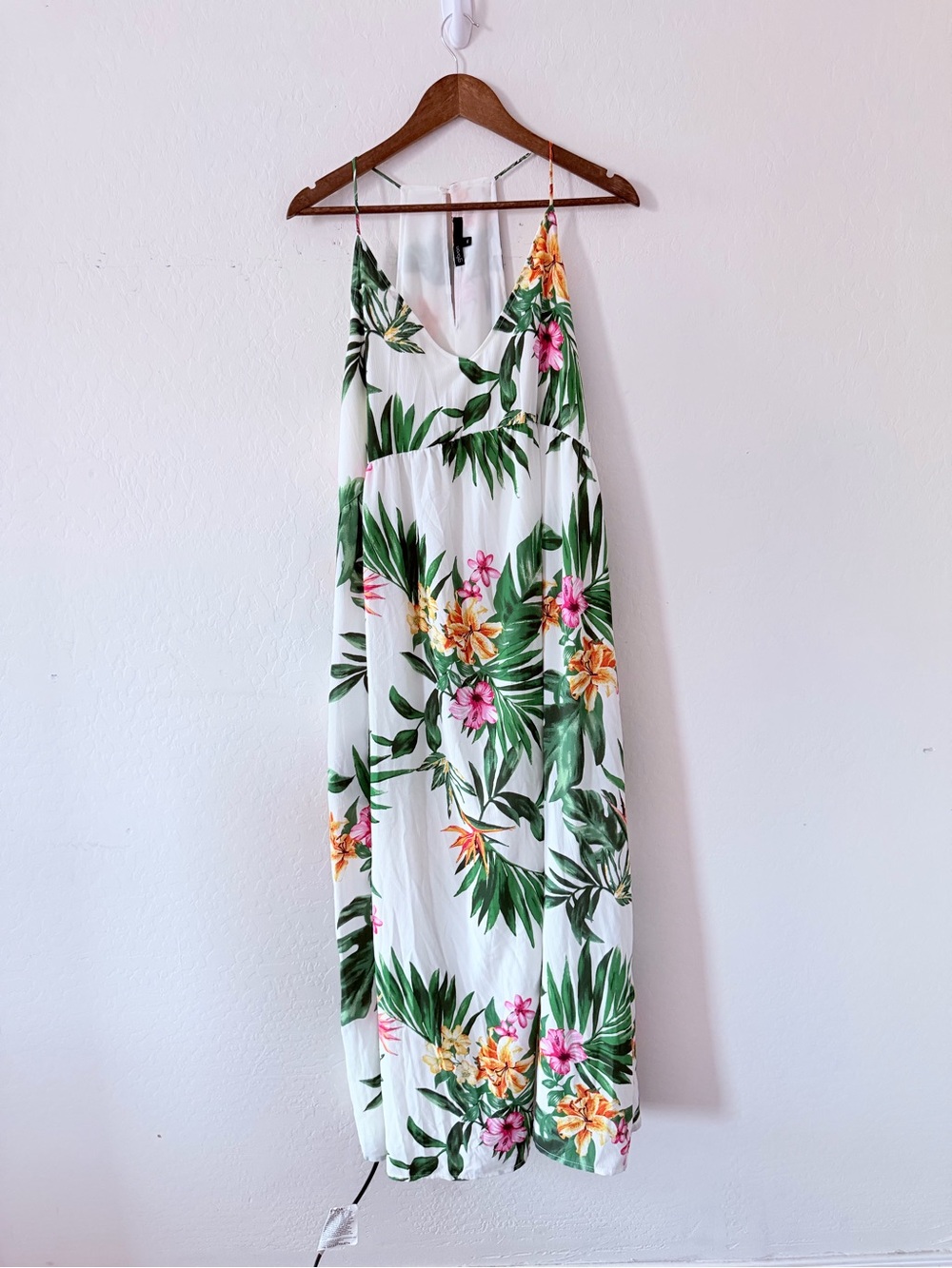 Gibson Women’s Tropical Floral White Maxi Dress Green Leaf Accents Sleeveless XL